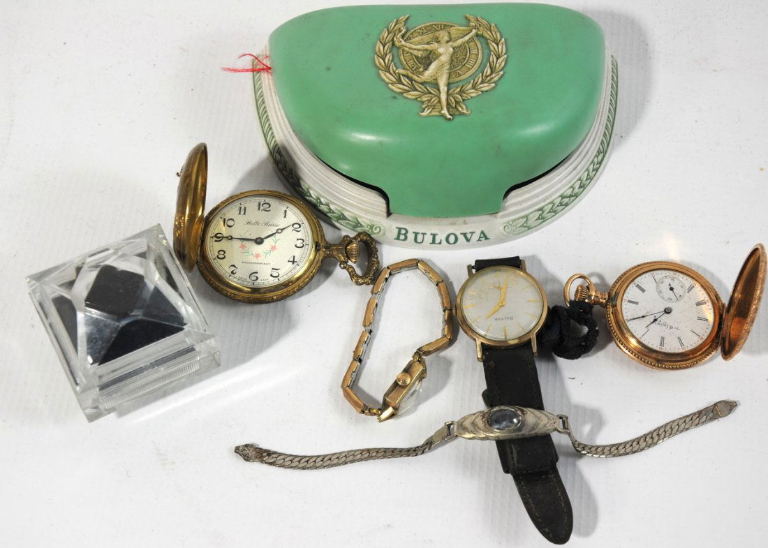 Collection of two pocket watches Elgin and Belle Su: Collection of two pocket watches Elgin and Belle Suisse, three wrist watches Goddess of Bulova in mint green box, Bulova and Hamilton and one bracelet