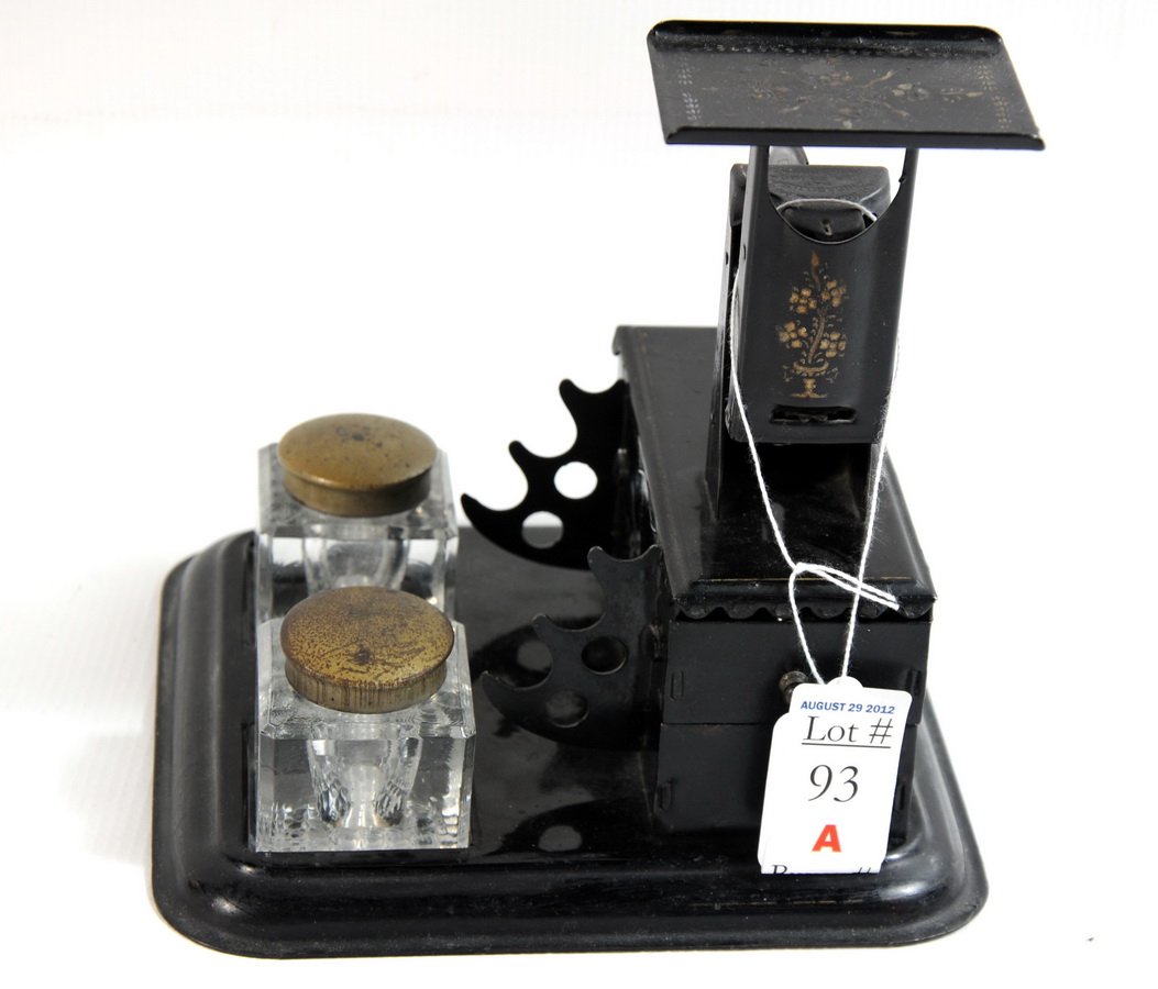 Rare tole decorated mini office with duel inkwells: Rare tole decorated mini office with duel inkwells, pen holders, Reliance postal scale and stamp drawers 7"