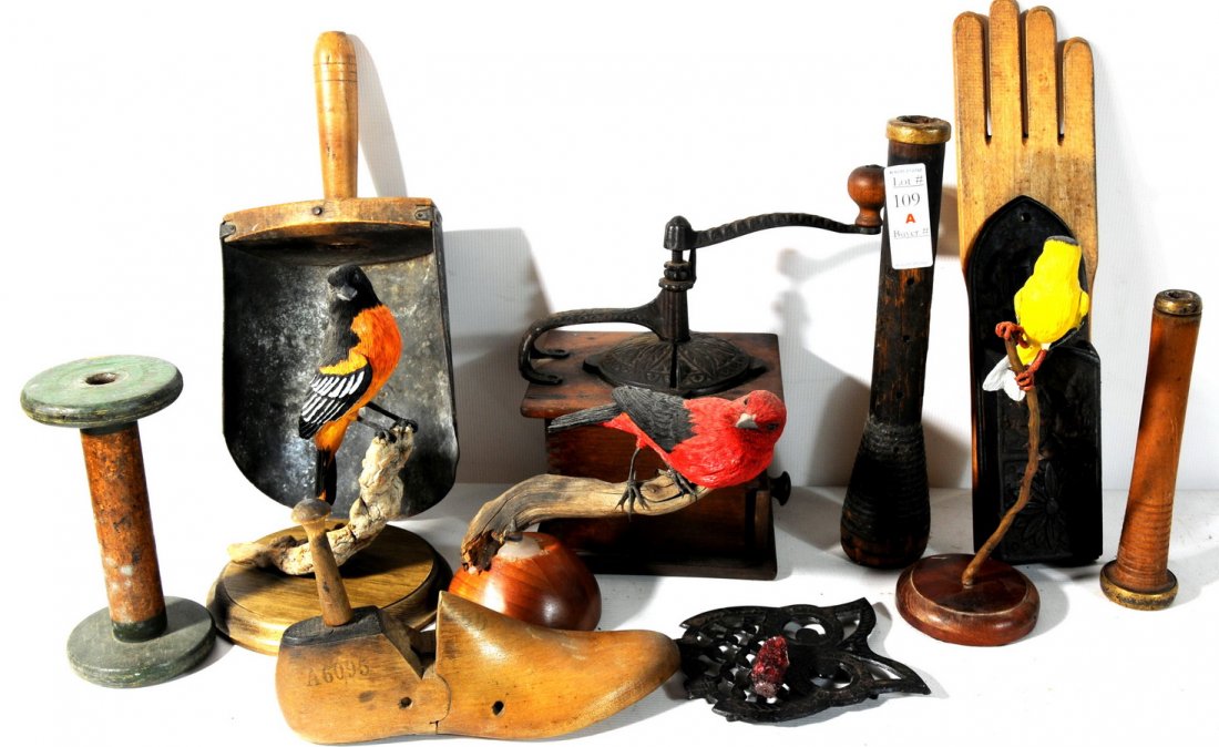 Misc lot to include: Patented 1888 coffee grinder: Misc lot to include: Patented 1888 coffee grinder with wooden base handled drawer and metal rotating grinder, Number 5 Sugar Food Grain tin scoop with wooden handle 14" Length x 6 1/2 Width, wrought i