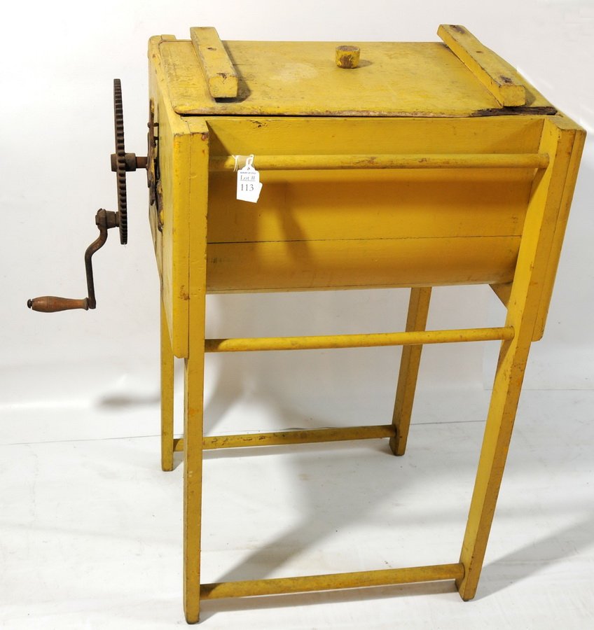113 Wooden butter churn, on legs with gears, handle, c