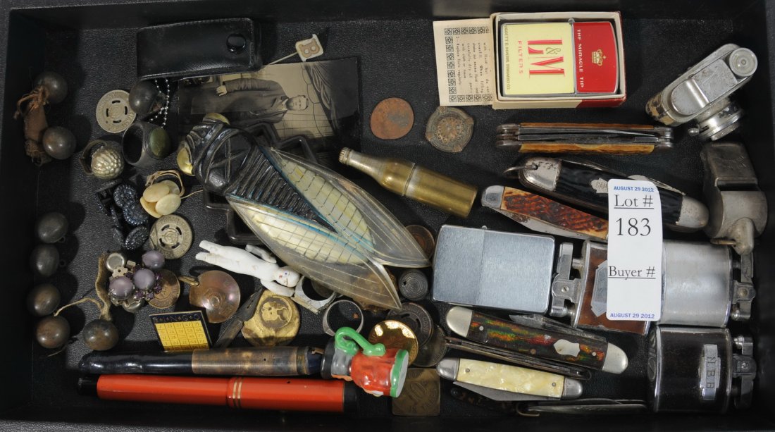 Array of some Zippo lighters, small pocket knives,: Array of some Zippo lighters, small pocket knives, two old pens, whistle, pins, etc.