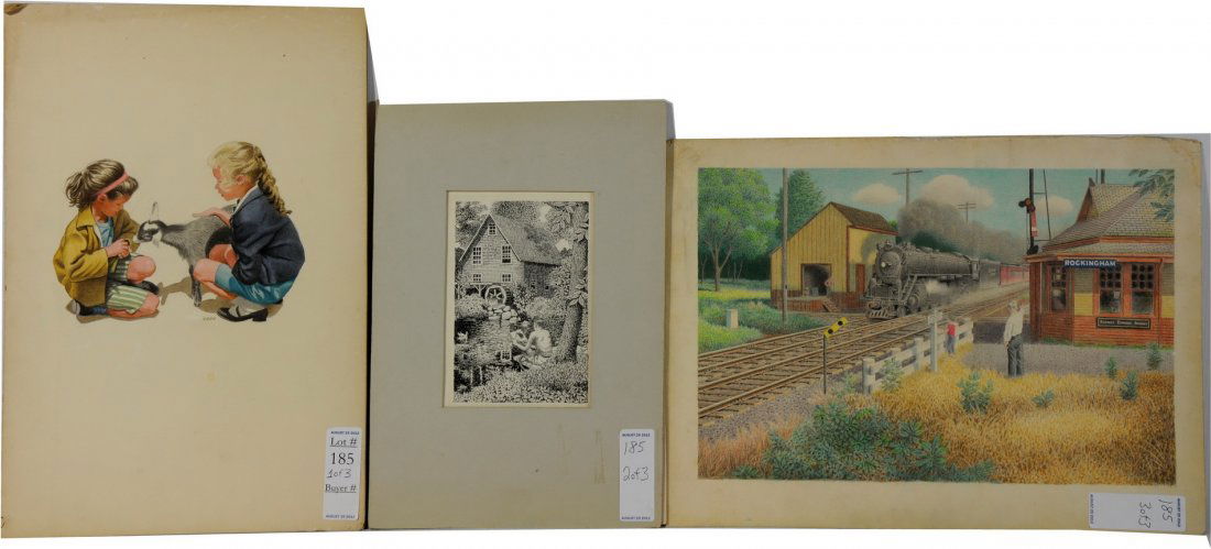 Three unframed collection of ink drawing signed St: Three unframed collection of ink drawing signed Stanley Cook "Old Mill", Pencil watercolor drawing of two children playing with goat and a mixed media train station