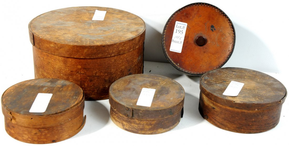 Group of 5 berry boxes/pantry boxes including leat: Group of 5 berry boxes/pantry boxes including leather L. Pickering ditty box