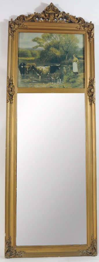 Victorian Mirror with lithograph of lady with catt: Victorian Mirror with lithograph of lady with cattle 50x18