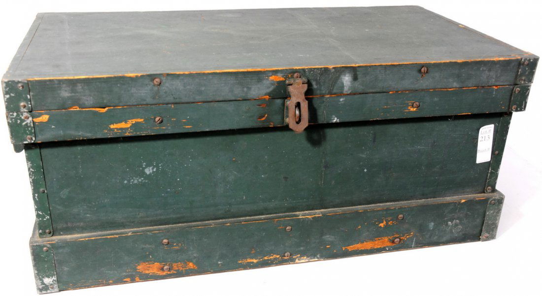 Old wooden lift top tool box painted green metal b: Old wooden lift top tool box painted green metal bound corners with wooden handles 30" long x 13" high x 16" deep
