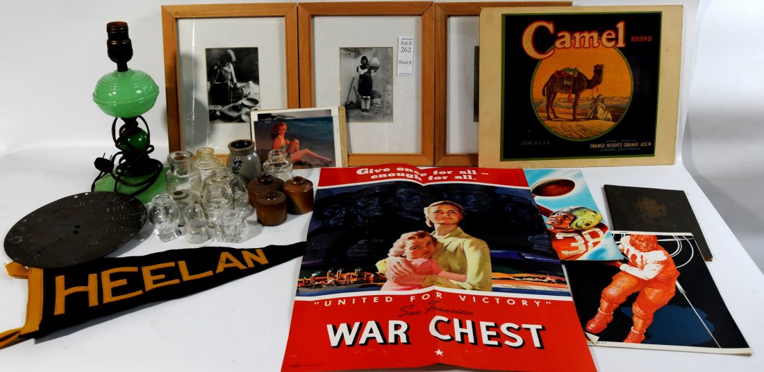 Misc lot stoneware and glass ink bottles, 8"Diamet: Misc lot stoneware and glass ink bottles, 8"Diameter Copper gage dial 0-200 signed The Ashoroft Co. NY, colorful postcards of Marilyn Monroe, Advertising Piece, Jadeite Lamp, card photo of Gent dresse