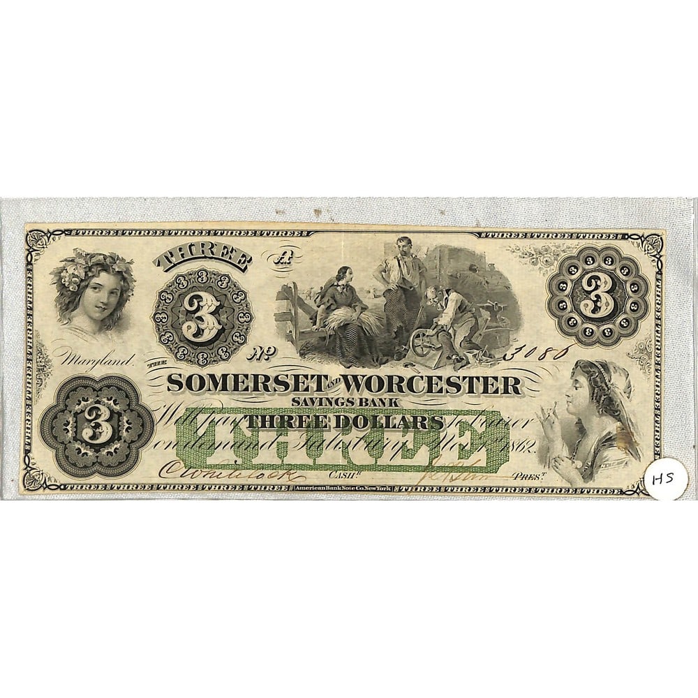 1862 Somerset Worcester $3 Note Nice Shape (1 of 2)