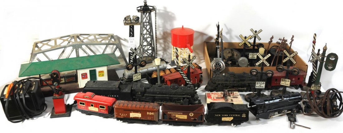Large collection of railroad train cars, engines, s: Large collection of railroad train cars, engines, signal posts, building lights, lithograph cars and more