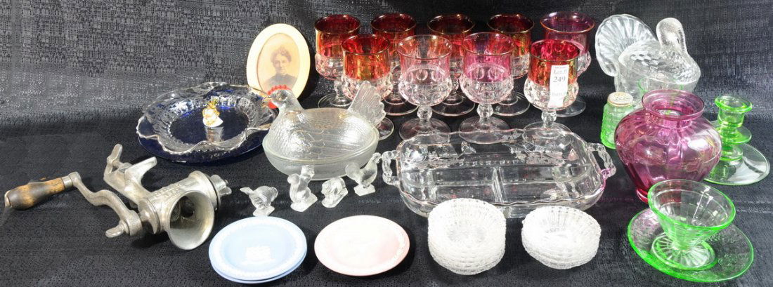 Collection of items to include: Clear Glass Hen on: Collection of items to include: Clear Glass Hen on Nest Chick Salt Covered Dish with covered glass turkey shaped candy dish. It is two pieces, the base and the lid. The entire piece measures 7 1/2" ta