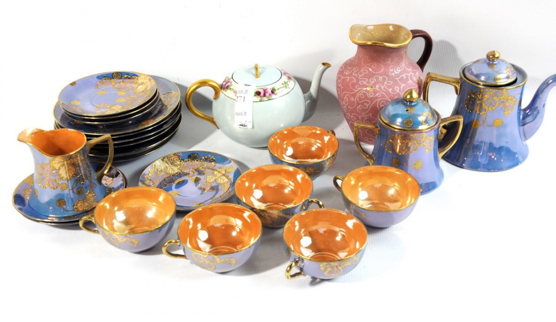 Misc glass and china to include 20 piece set of Ja: Misc glass and china to include 20 piece set of Japanese china, teapot, sugar, creamer, cups and saucer blue gold lustre, Pink gold ironstone pitcher and handpainted teapot floral gold and blue