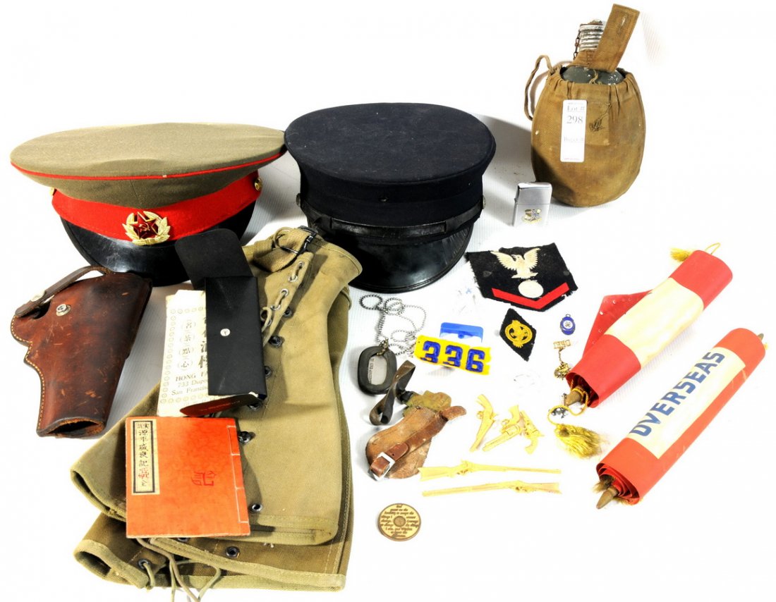 Military Lot with Soviet Hat, Canteen, US Military: Military Lot with Soviet Hat, Canteen, US Military Patches and more