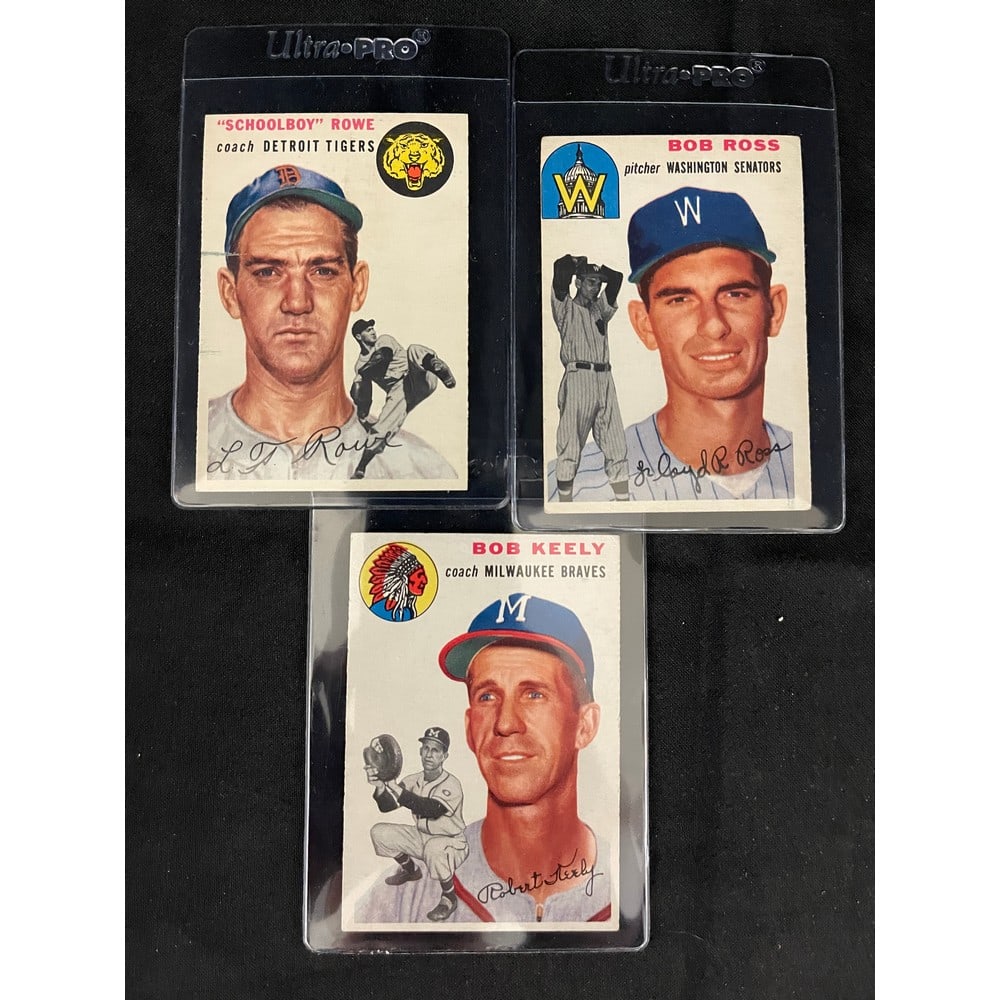 (3) 1954 Topps Baseball Cards Nice Shape: Bob Keely, Bob Ross, Schoolboy Rowe