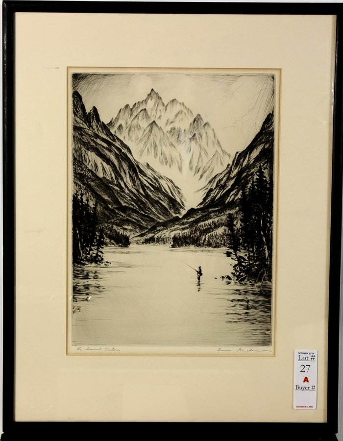 Drypoint Etching "The Grand Teton" depicting a fly: Drypoint Etching "The Grand Teton" depicting a flyfisherman in the river by listed artist Hans Kleiber 1887-1967 Wyoming/Germany 12x9 signed and titled in margin