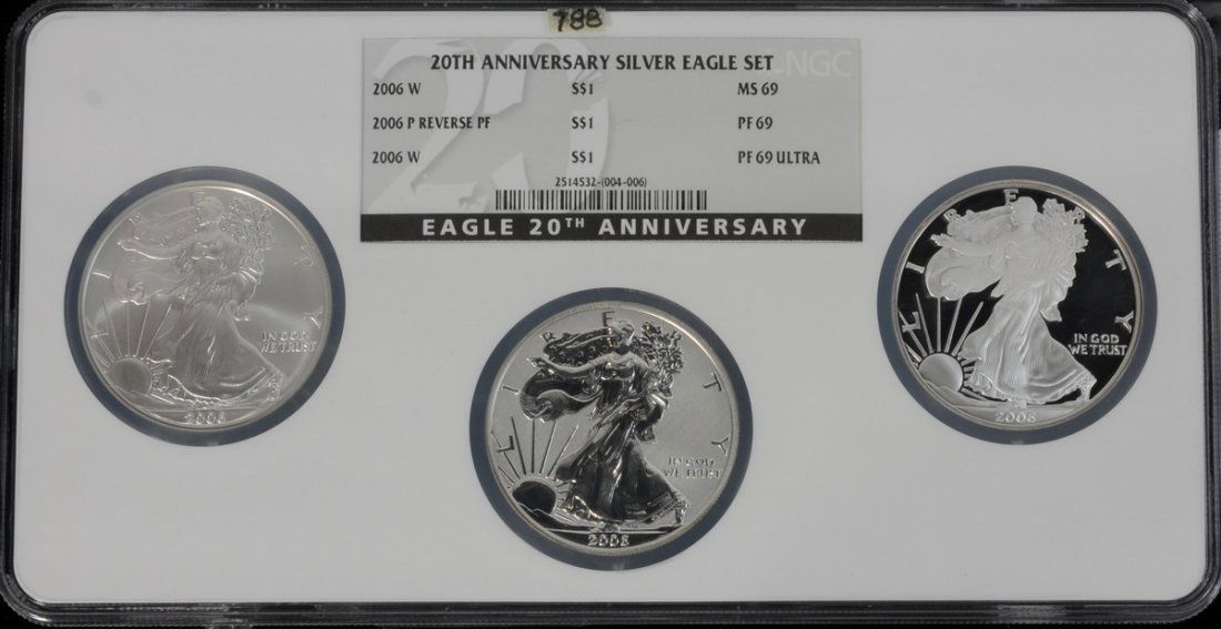 2006 20th Anniversary Silver Eagle Set graded by N: 2006 20th Anniversary Silver Eagle Set graded by NGC 2006 W MS69, 2006P Reverse Proof, 2006 W Proof Ultra Cameo
