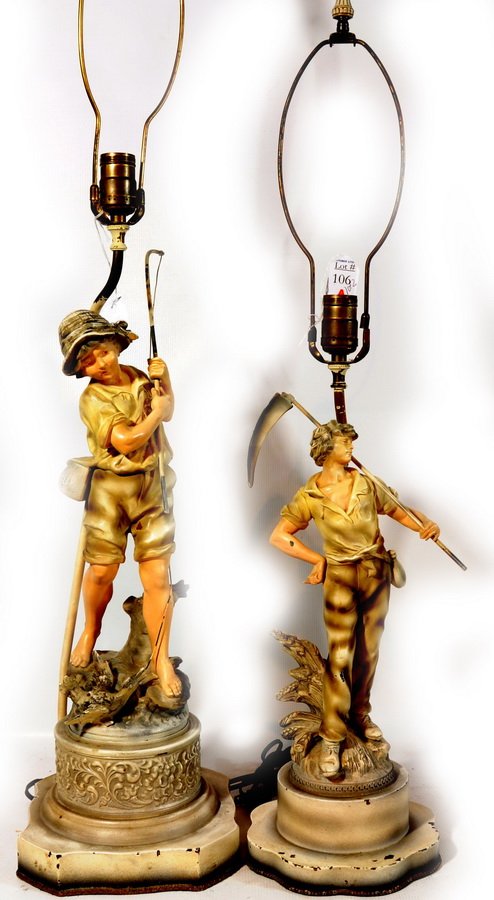 Pair of L&F Moreau Lamps Speltor Figural 1930's B: Pair of L&F Moreau Lamps Speltor Figural 1930's Boy fishing has incomplete wiring and other man sowing fields