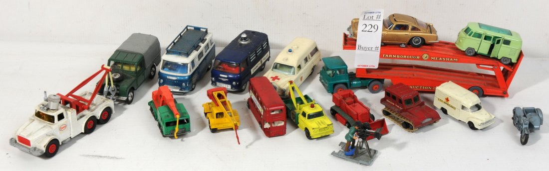 Collection of 16 Toys to include 4 Corgi's, Commer: Collection of 16 Toys to include 4 Corgi's, Commer Bus with Camera man, County Police Van, Land Rover, James Bond Aston Martin, 12 Match Box Toys, VW Caravette # 34, Mercedes Benz Ambulance K-6, Trium