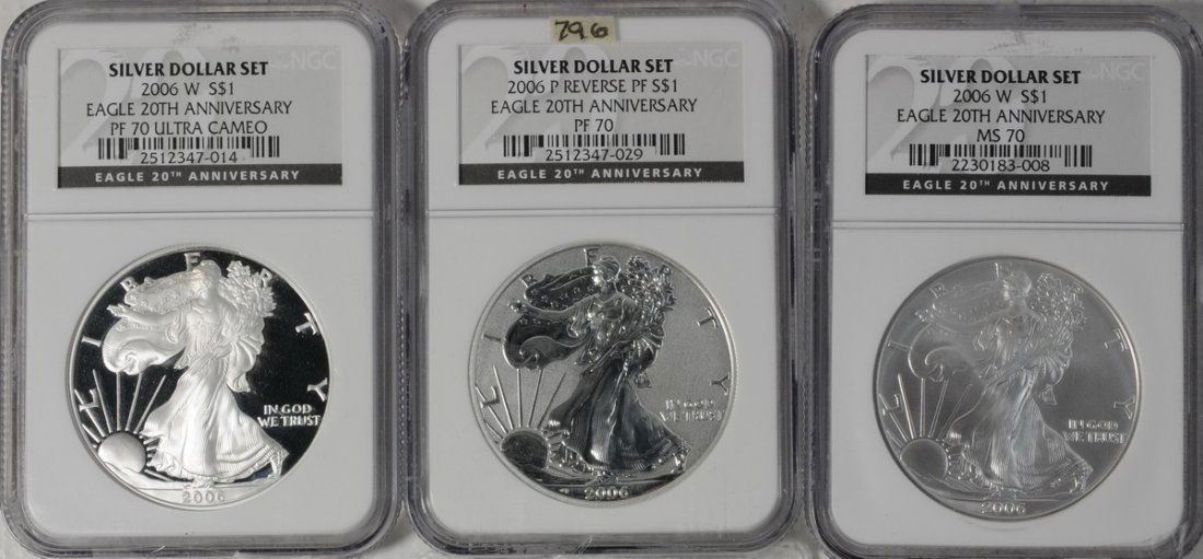 2006 American Silver Eagles 20th Anniversary Coins: 2006 American Silver Eagles 20th Anniversary Coins including 2006 P Reverse Proof 70, 2006 W MS 70, 2006 W Pf70 Ultra Cameo