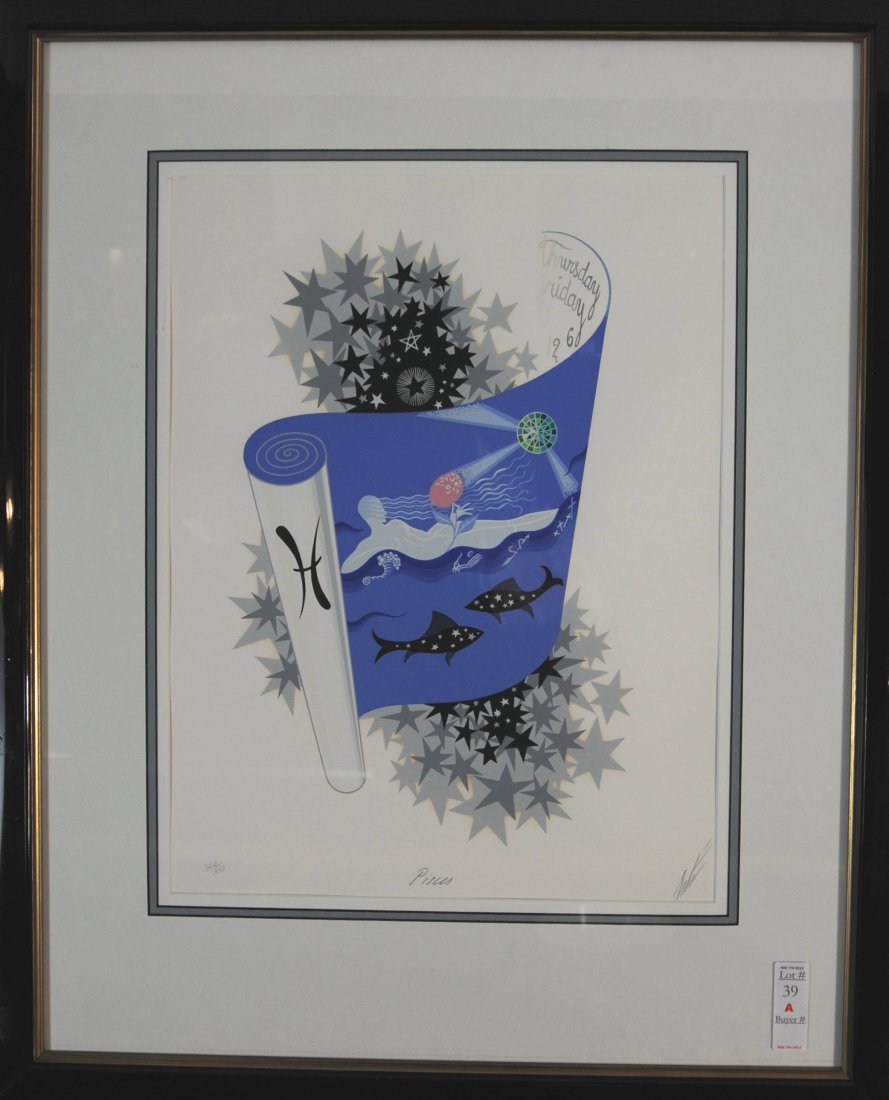 Pisces Zodiac Lithograph by Erte signed in pencil: Pisces Zodiac Lithograph by Erte signed in pencil lower right 21x16