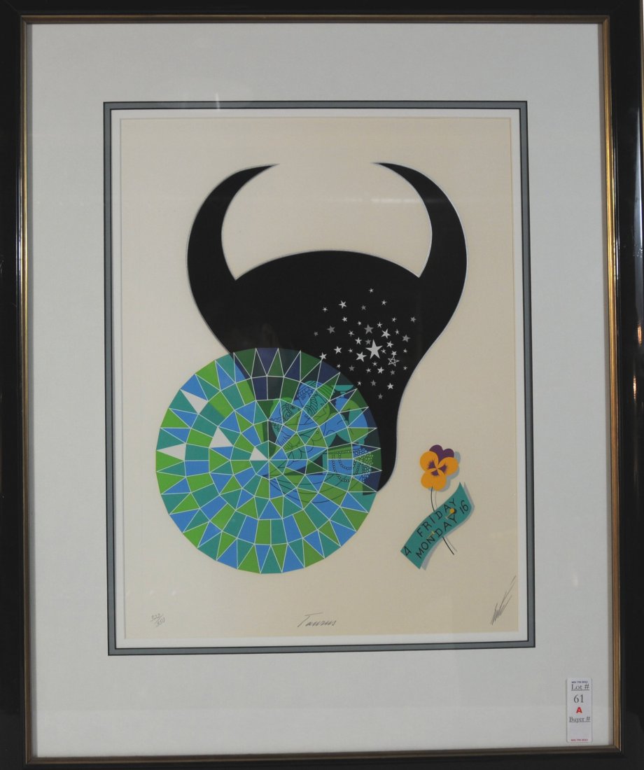 Taurus Zodiac Lithograph by Erte signed in pencil: Taurus Zodiac Lithograph by Erte signed in pencil lower right 21x16