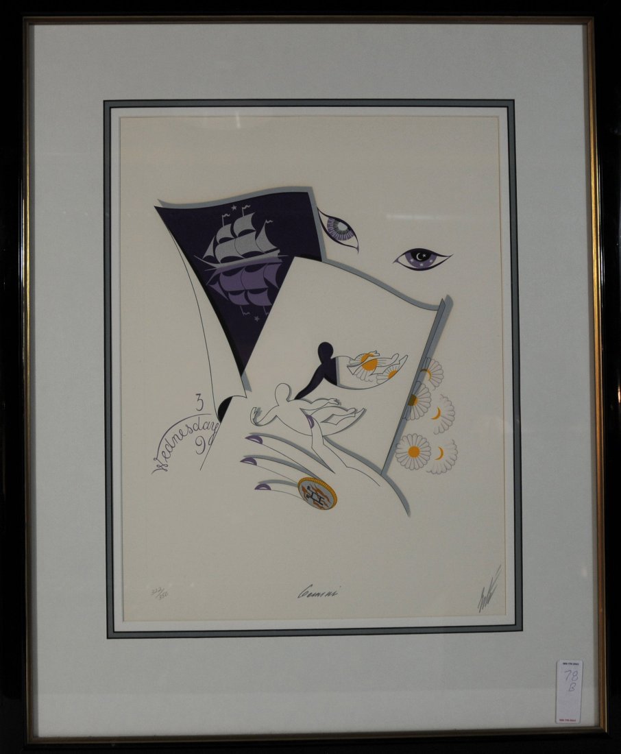 Gemini Zodiac Lithograph by Erte signed in pencil: Gemini Zodiac Lithograph by Erte signed in pencil lower right 21x16