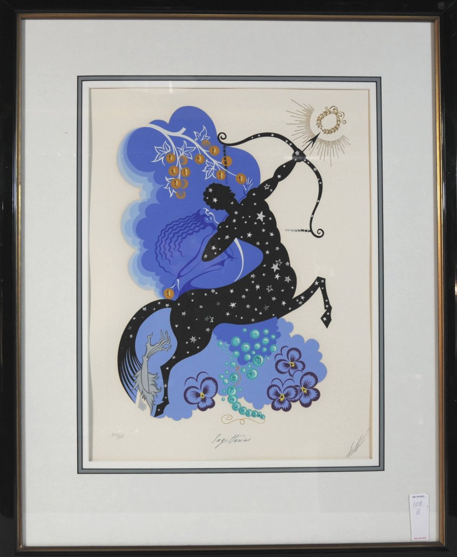 Sagittarius Zodiac Lithograph by Erte signed in p: Sagittarius Zodiac Lithograph by Erte signed in pencil lower right 21x16