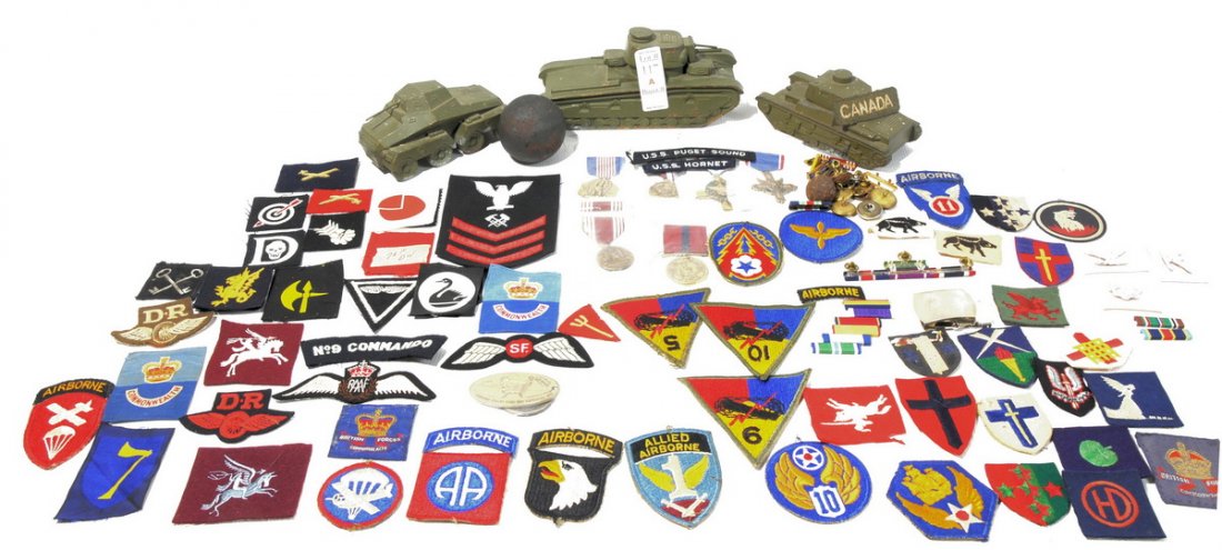 Military Lot with early lead balls possibly from : Military Lot with early lead balls possibly from war of 1812, small cannon ball, patches, buttons and medals