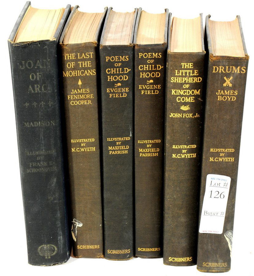Collection of books illustrated by NC Wyeth and Ma: Collection of books illustrated by NC Wyeth and Maxfield Parrish including 1919 Last of The Mohicans, Two 1904 Poems of Childhood, 1931 The Little Shepard of Kingdom Come, 1928 Drums, 1929 Joan of Arc