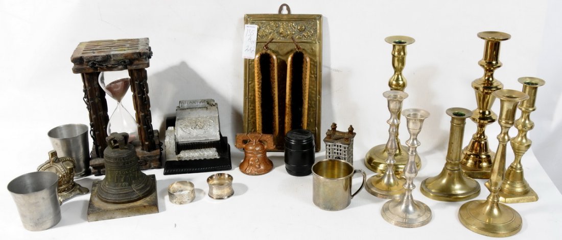 Hour glass, brass candlesticks, napkin rings, Pe: Hour glass, brass candlesticks, napkin rings, Pewter Beakers, Barrell bank, Penny a Day Bank, Coronation Bank, Liberty Bell Bank, Tower, and Small Liberty Bell