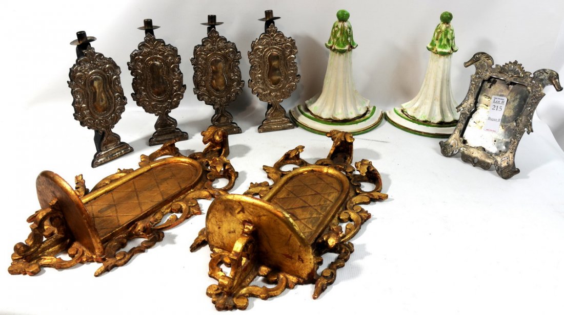 Collection of tin decorative pieces and guilded sc: Collection of tin decorative pieces and guilded sconces made in Spain