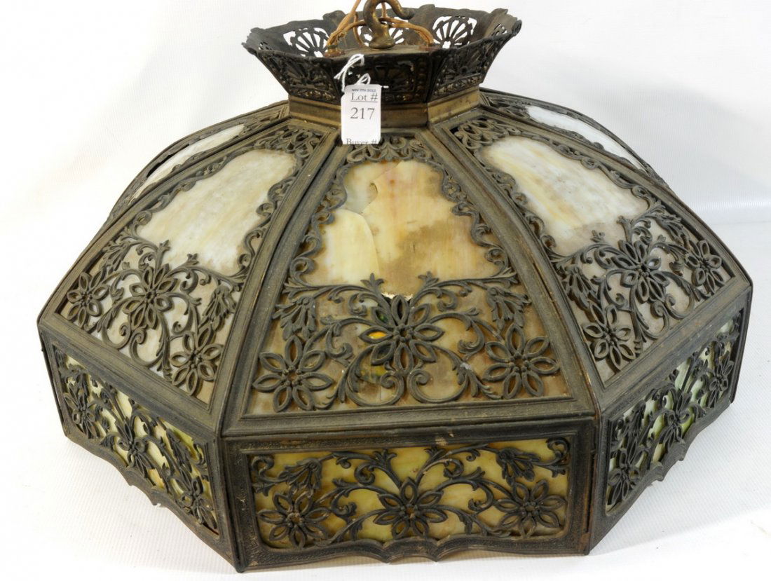 Slag Glass Hanging Light Fixture Diameter 22" (Dam: Slag Glass Hanging Light Fixture Diameter 22" (Damaged Panel)