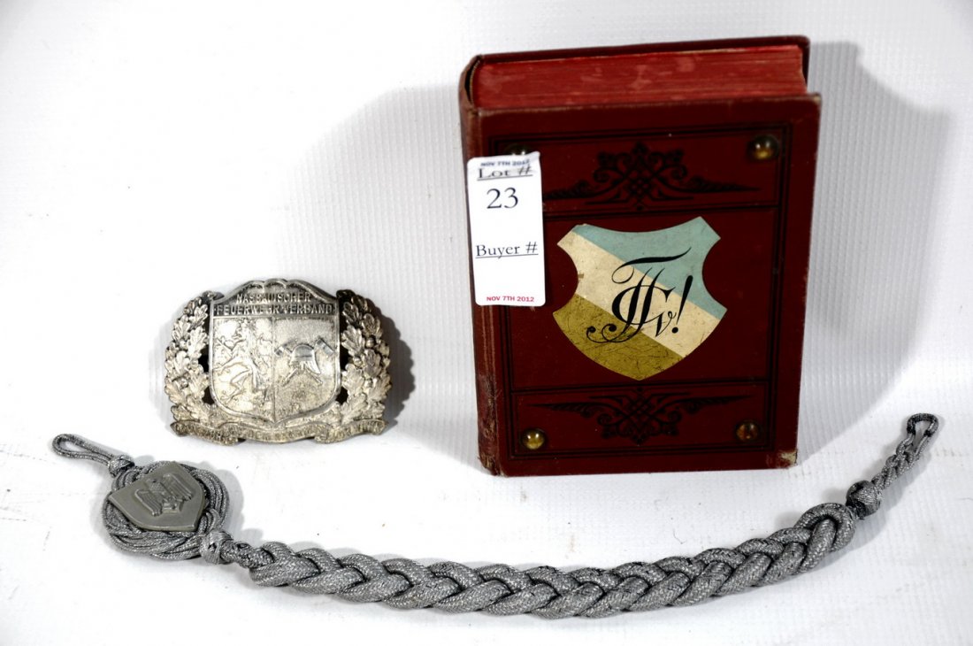 1907 German Song Book with Bavarian Shield and Nazi: 1907 German Song Book with Bavarian Shield and Nazi Shooter's Lanyard & WWI Fireman's Helmet PLate
