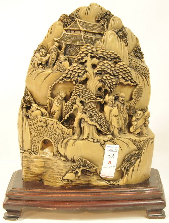 Asian Soapstone Carving on Wood Base: Asian Soapstone Carving on Wood Base 13"h x 10 1/2"w
