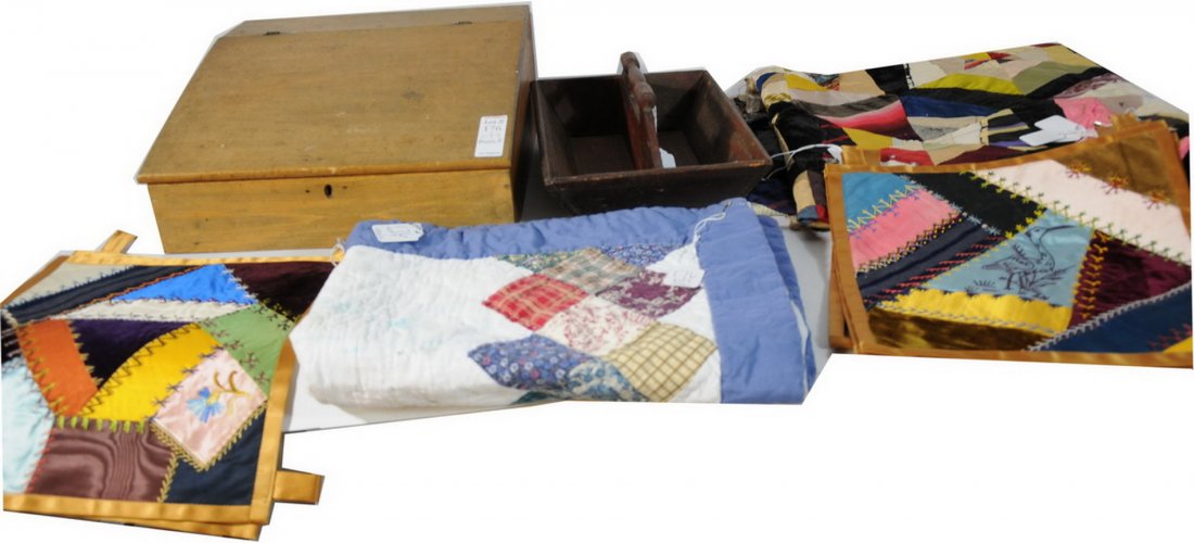 Country Lot with quilts: Country Lot with quilts of one modern, one older with silk patchwork and embroidery along with pieces finished to hang. Two country boxes to hold tools 13 x 9 and one opens circa to 1850. Measuring 15