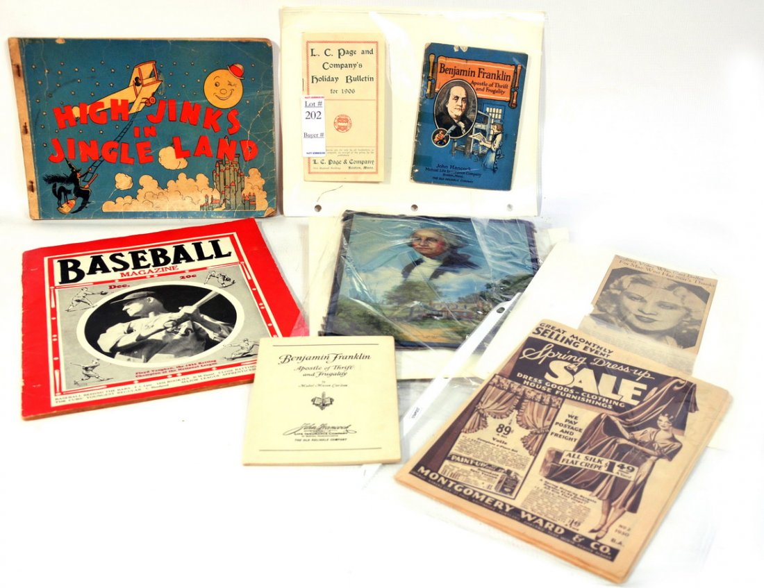 Ephemera: Collection of Ephemera to include George Washington Lithograph, MOntgomery Ward 1930 Catalogue, Mae West Paper, High Jinks in Jingle Land book, Baseball Magazine 1935 and more