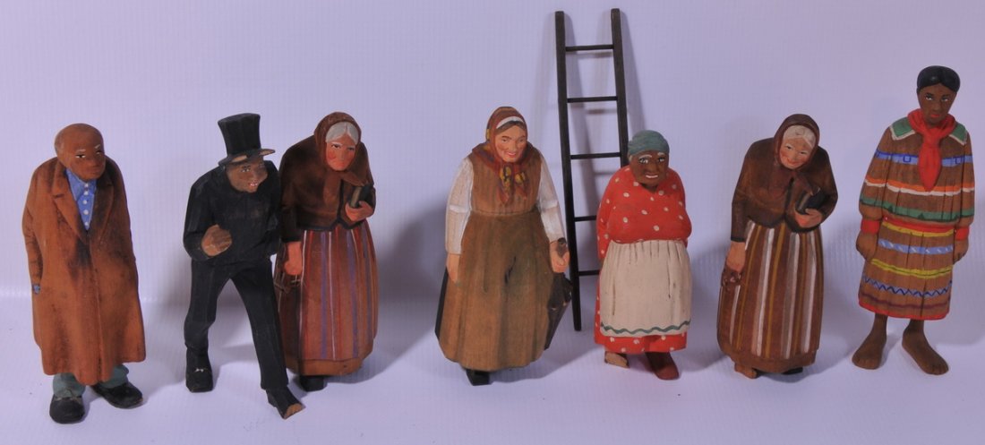 Carved Folk-art: Collection of Folky Carved Wood, hand painted figures to include mammy, Indian, chimney sweep and more, some have damage