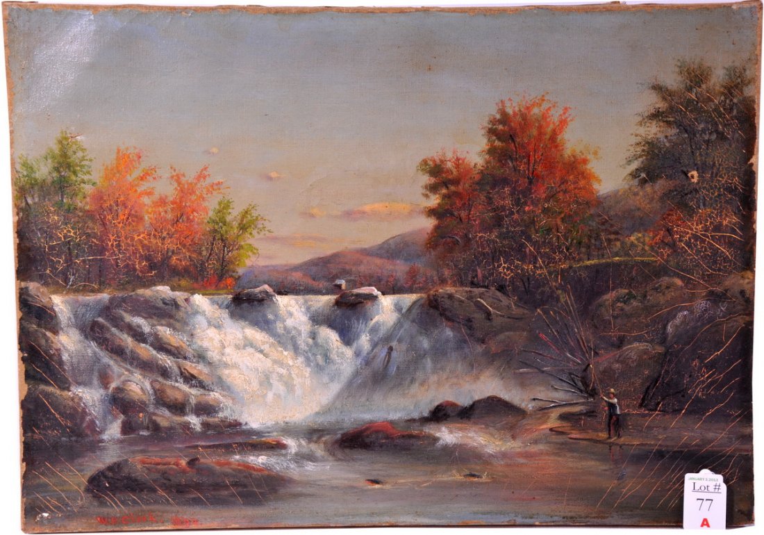 William F. Clerk Painting: Oil on Canvas unframed landscape by Listed Artist William F. Clerk depicting a man fishing at a waterfall signed and dated 1884 20x14