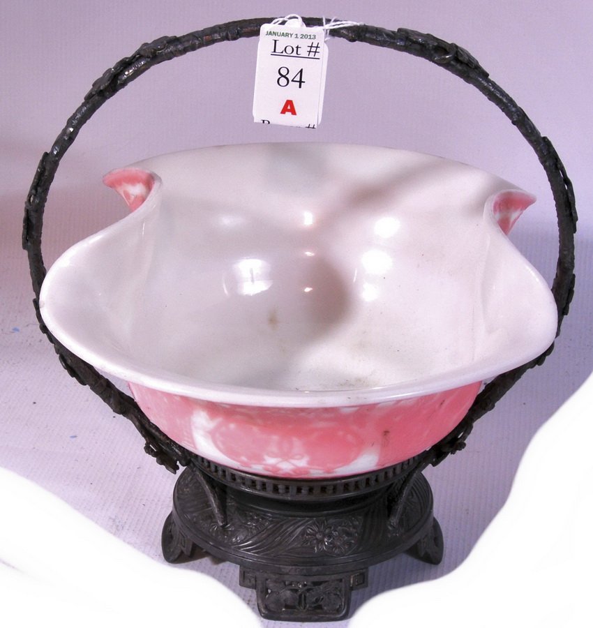 Pairpoint Mount Washington Basket: Mount Washington Bride's Basket with silver plate holder signed PairPoint on base