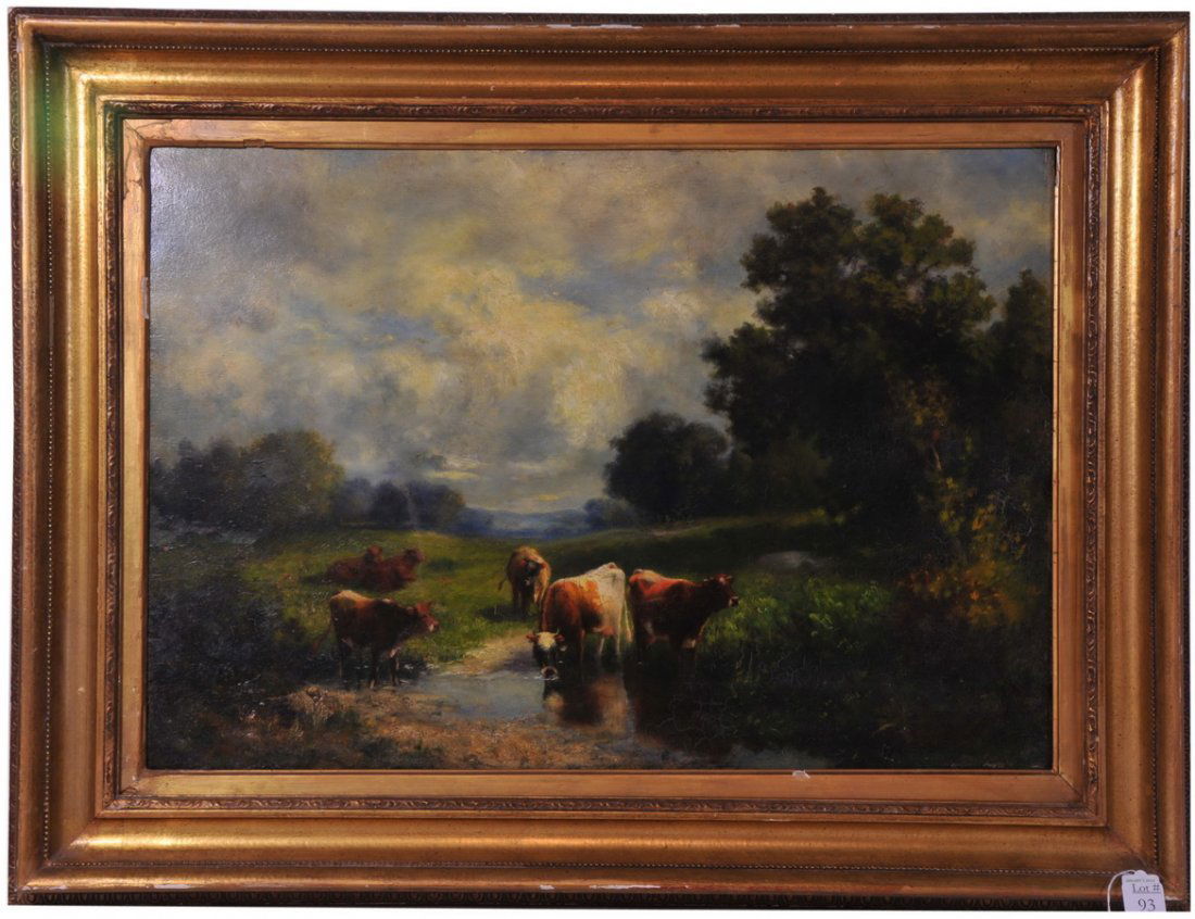 John White Allen Scott Painting: Oil on Panel Hudson River Scene with cows attributed to John White Allen Scott 1815-1907 Massachusetts, nicely framed , signed Illegibly lower right "J. S" 26x18