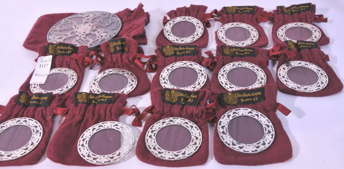 13 Sterling Silver and glass coasters: 13 Sterling Silver and glass coasters