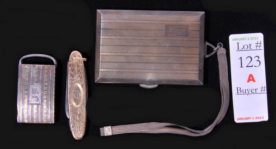 14Kt. Gold and Sterling Belt Buckle: 14Kt. and Sterling Belt Buckle with Sterling Cigarette Case and Gold Filled Pocket Knife