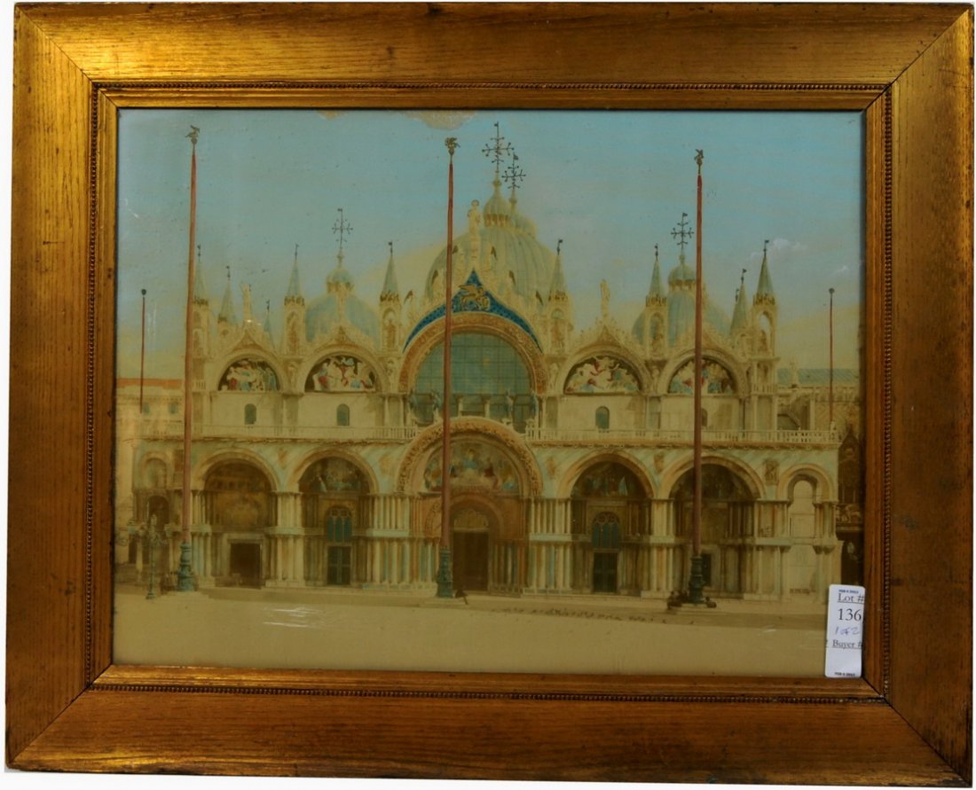 Two Piece Art Group Atkinson Fox and Middel Eastern: One print Garden Scene by R. Atkinson Fox in original frame 21 1/2 x 13 1/2 and a hand painted photo of Middle Eastern Scene in oak frame 16 x 21 1/2
