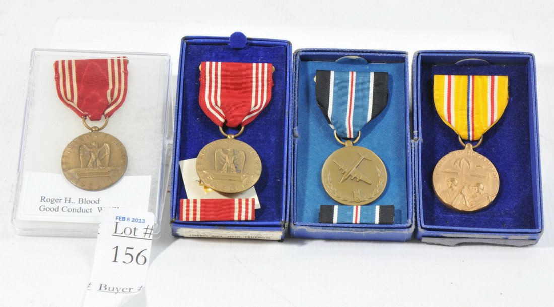 Military Medals: WWII US Army Good Conduct Medals with GI's names engraved in original boxes, with Berlin Airlift Medal and USMC Asiatic-Pacific Medal