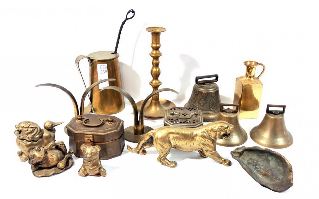 Brass Lot: Collection of Brass to Include 3 Bells, Animal Figures, Candle Stick, Cape Codder, Pair of Decorative Candle Holders Signed Jarus Ect...