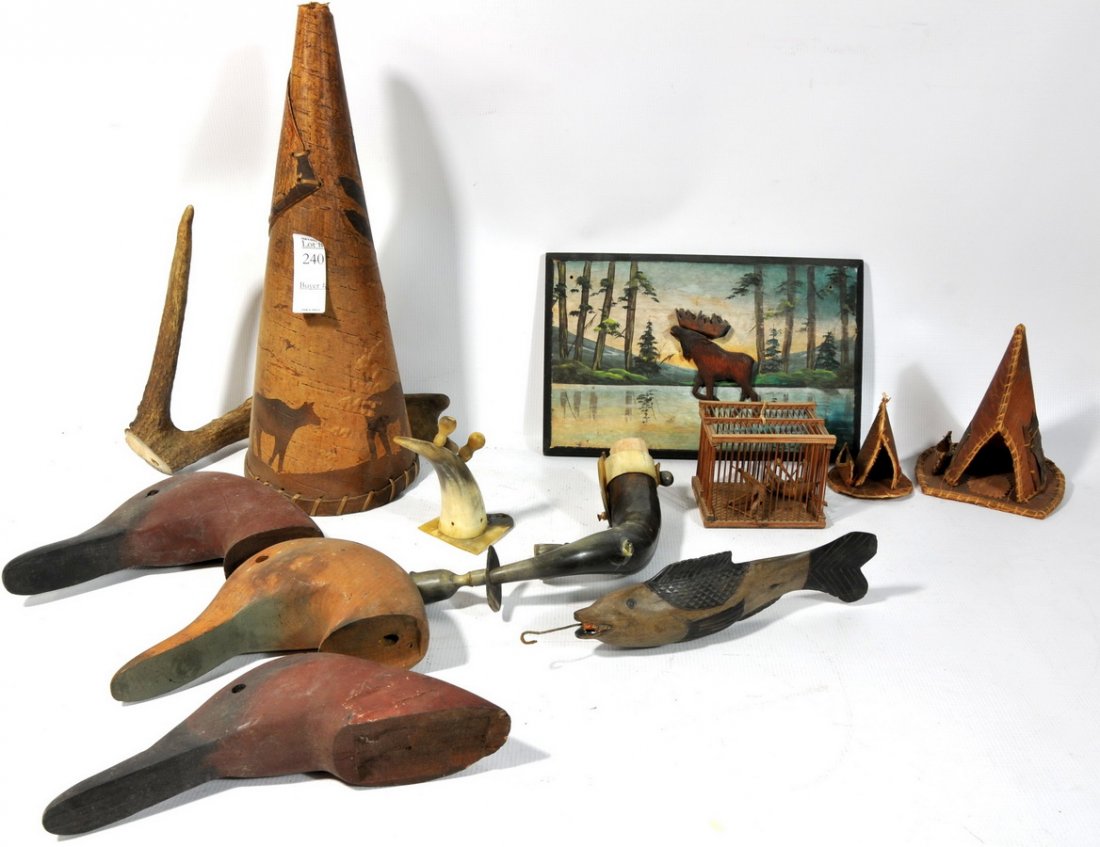 Collection of sporting items including birch bark tee p: Collection of sporting items including birch bark tee pees, duck decoy heads, fish decoy, deer antler