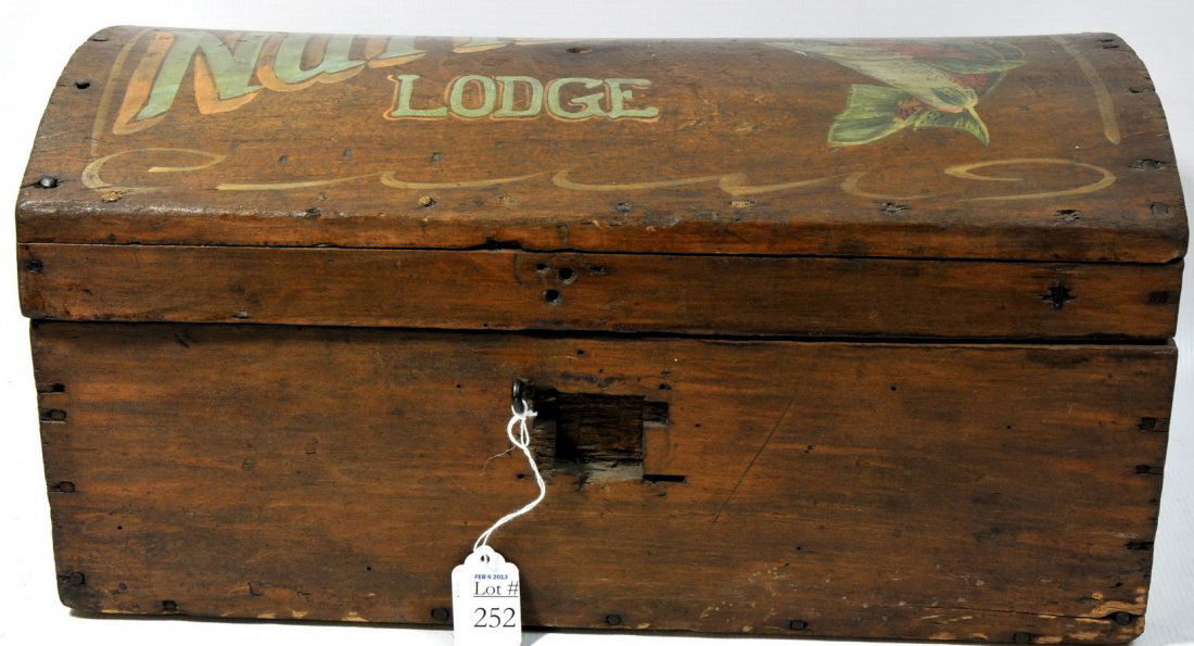 Early Dome top box with hand painted decoration "Nutter: Early Dome top box with hand painted decoration "Nutters Lodge" with fish 18x10
