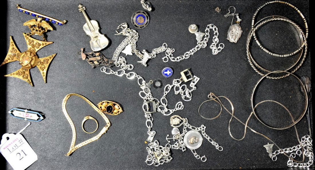 Silver & Gold Jewelry lot inc. 6 Dwt. 14K Gold & Sterli: Silver & Gold Jewelry lot inc. 6 Dwt. 14K Gold & Sterling Charm Bracelets , Bangles & Pins