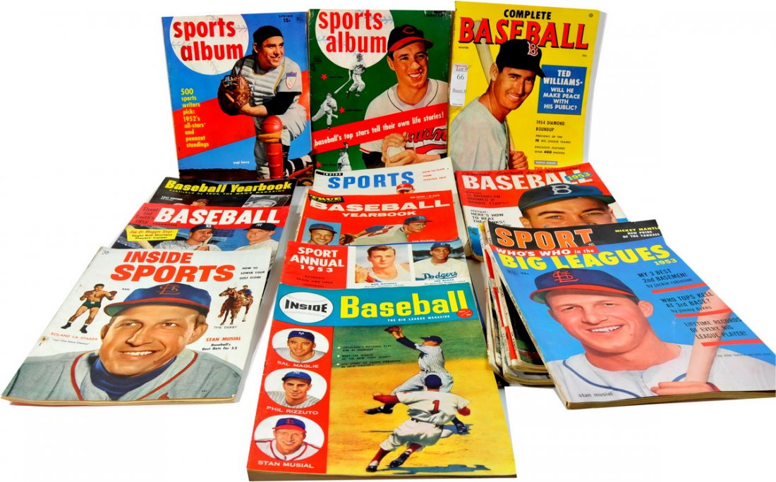 Grouping of (19) sports magazines C. 1950's to include : Grouping of (19) sports magazines C. 1950's to include winter issue of "Complete Baseball" magazine with Ted Williams on cover, 1952 spring issue "Sports Album" with Yogi Berra on cover, 1953 "Basebal