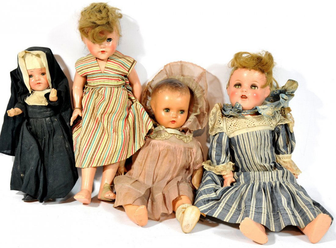 4 dolls as found in old Maine attic to include 12" Nun,: 4 dolls as found in old Maine attic to include 12" Nun, Effanbee U.S.A. etc....