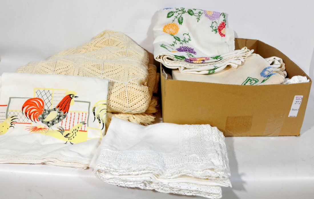 Clean estate linens to include table clothes, Full size: Clean estate linens to include table clothes, Full size Embroidered Coverlet etc...