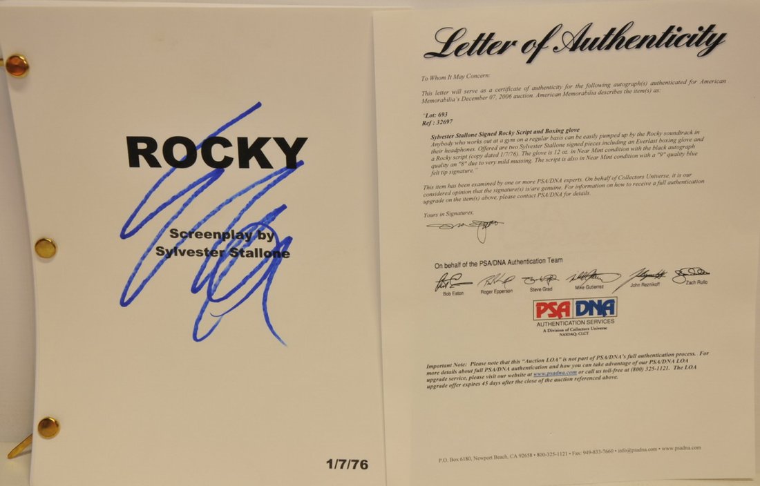 Rocky 1 Movie Script(SC3): Rocky 1 Movie Script 01-07-1976 signed by Sylvester Stallone with COA from PSA/DNA